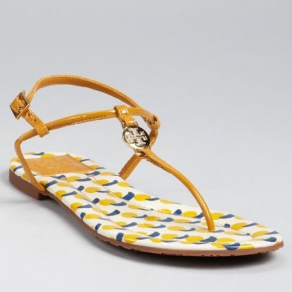 Tory Burch Shoes - Tory Burch Emmy Thong T Strap Leather Sandals Ballet Flats Patent Graphic Print